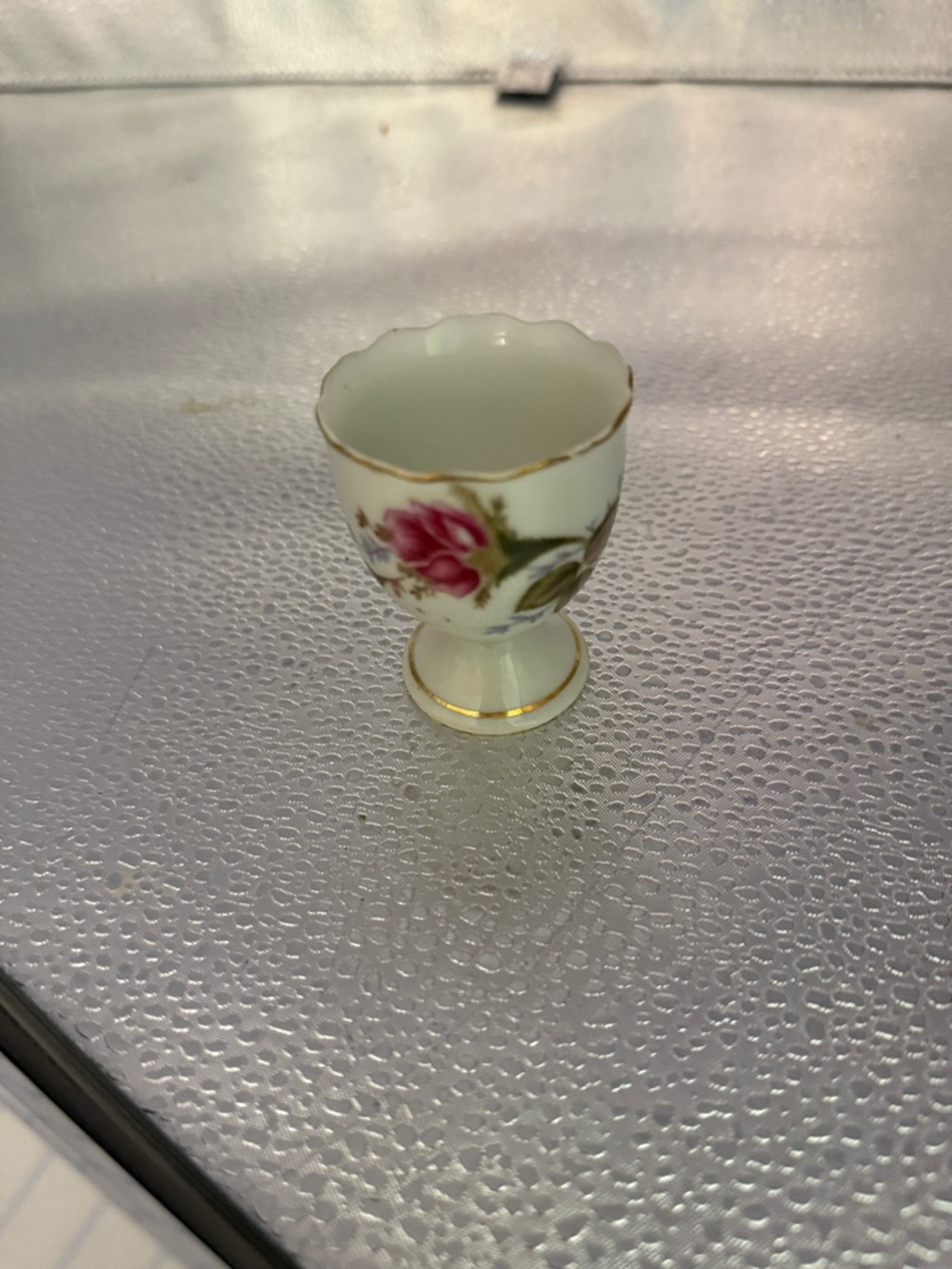 Vintage Mini Porcelain Egg Cup with Pink Rose and Gold Trim